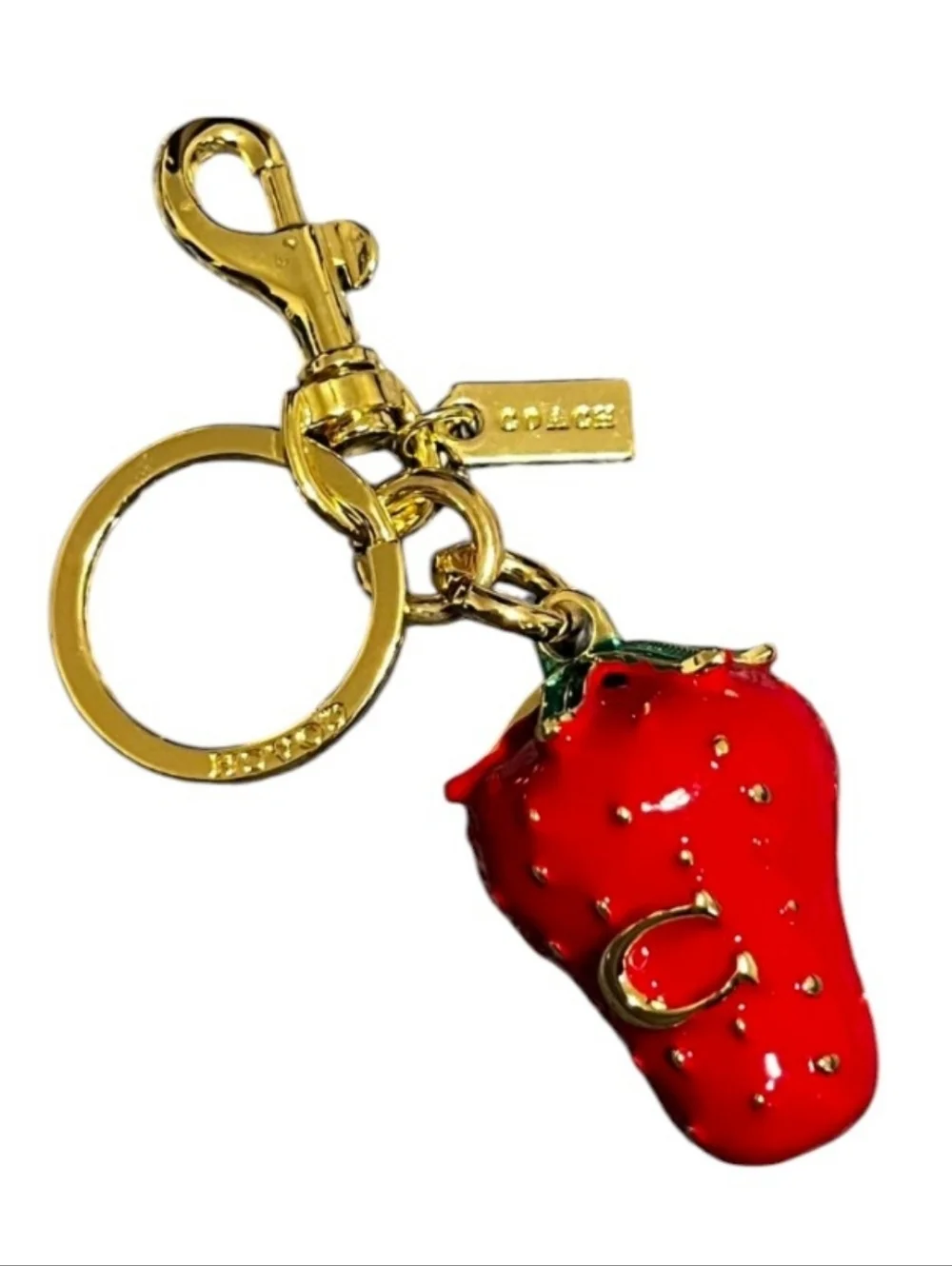 NWT COACH Strawberry Bag Charm Keychain Studded Gold Key Fob Chain